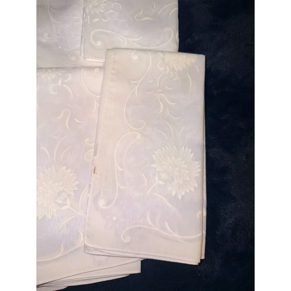 Vintage White Floral Scroll Cloth Napkins Handkerchief Set of 6
